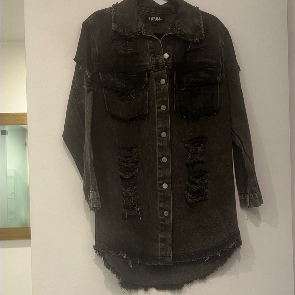 Black Acid Wash Distressed Denim Shacket, Longline Oversized Jacket, Shirt Dress